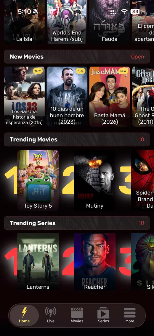 La misma aplicación en un iPhone, con las filas de estrenos y tendencias