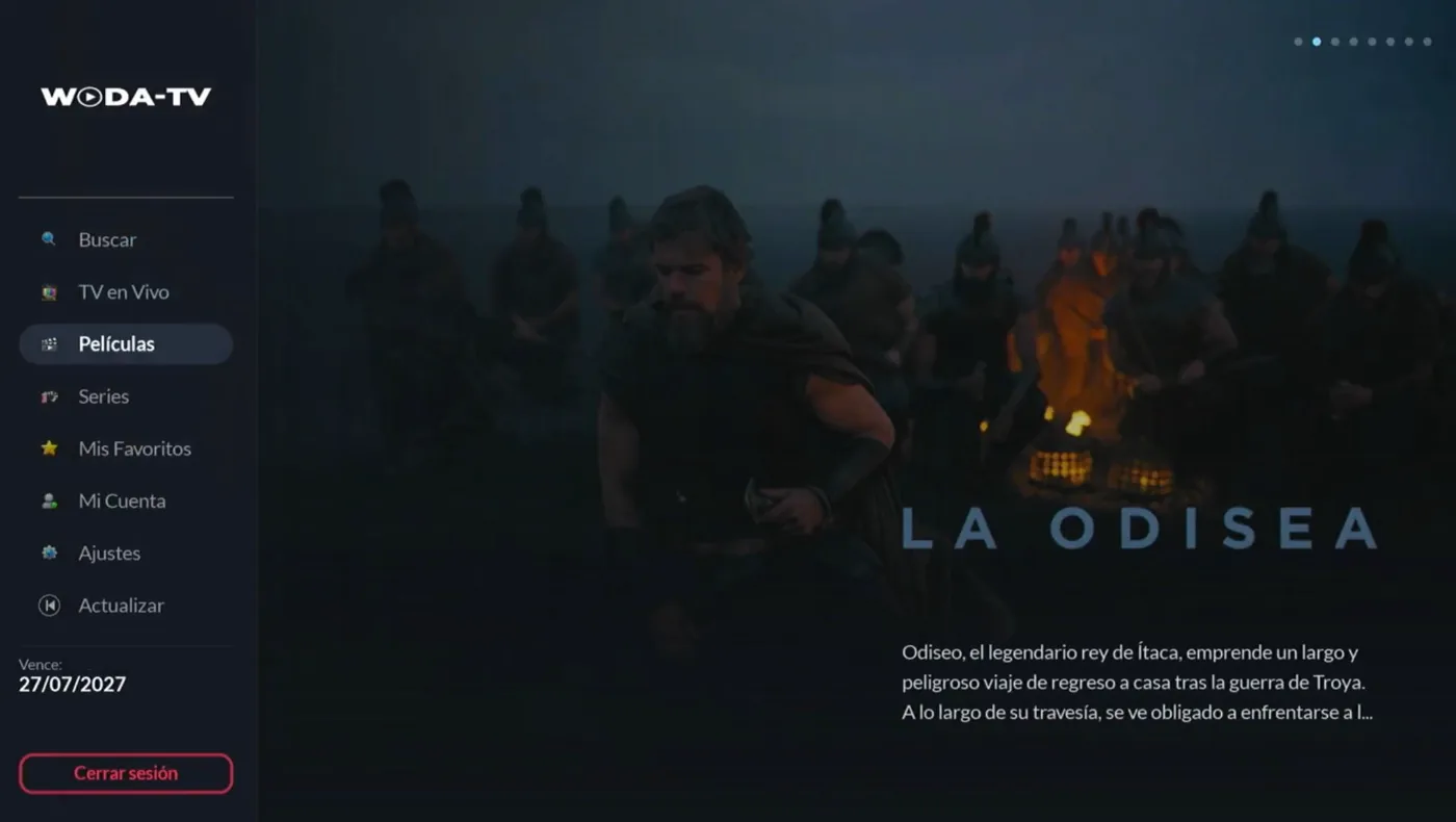 La aplicación de Woda-TV corriendo en un ROKU, con el logo en el menú lateral